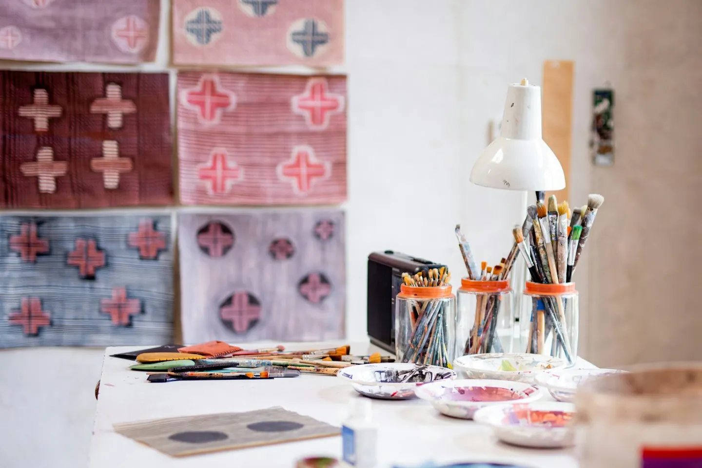 White table lamp on a work table