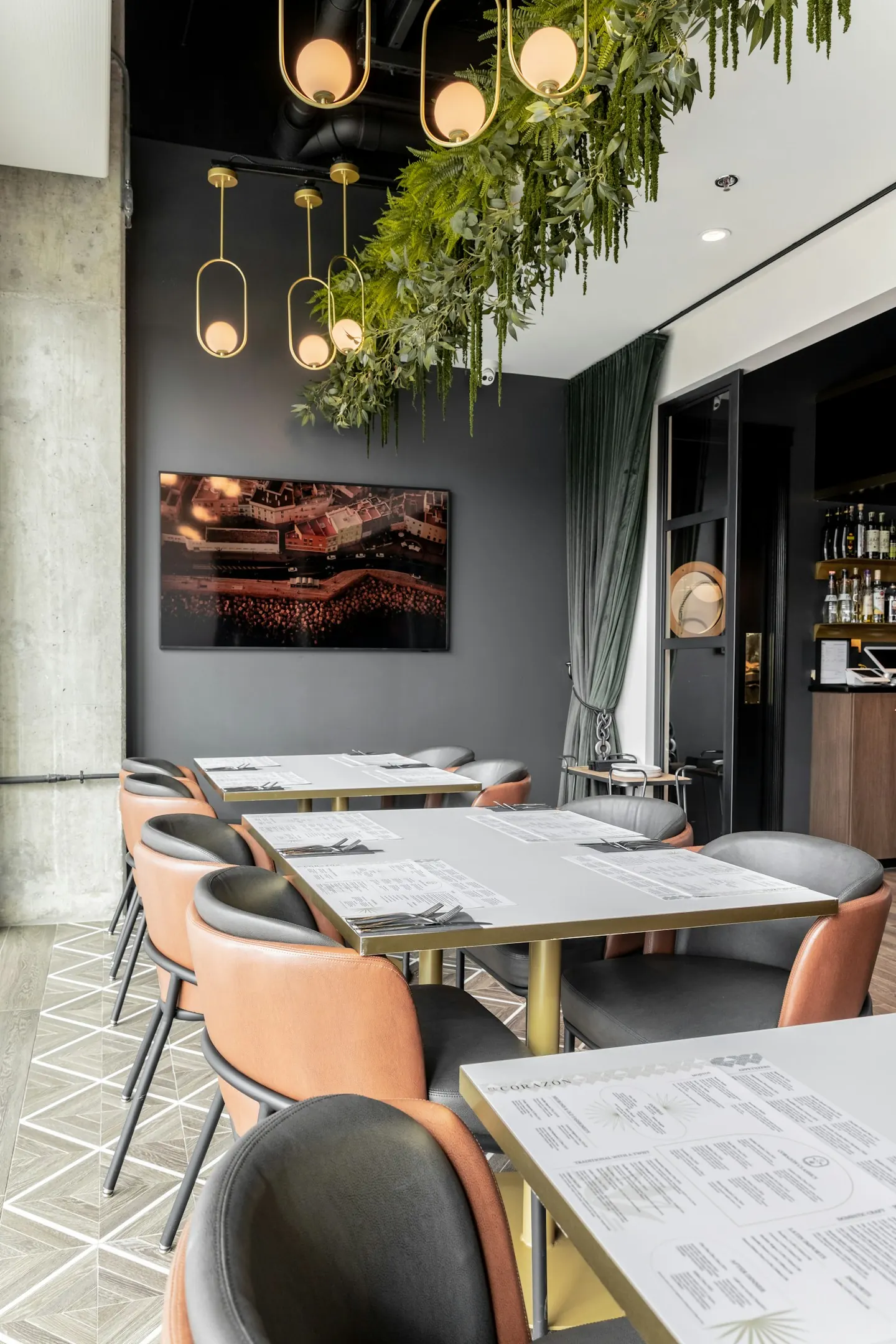 Warm dining room with a table and chairs