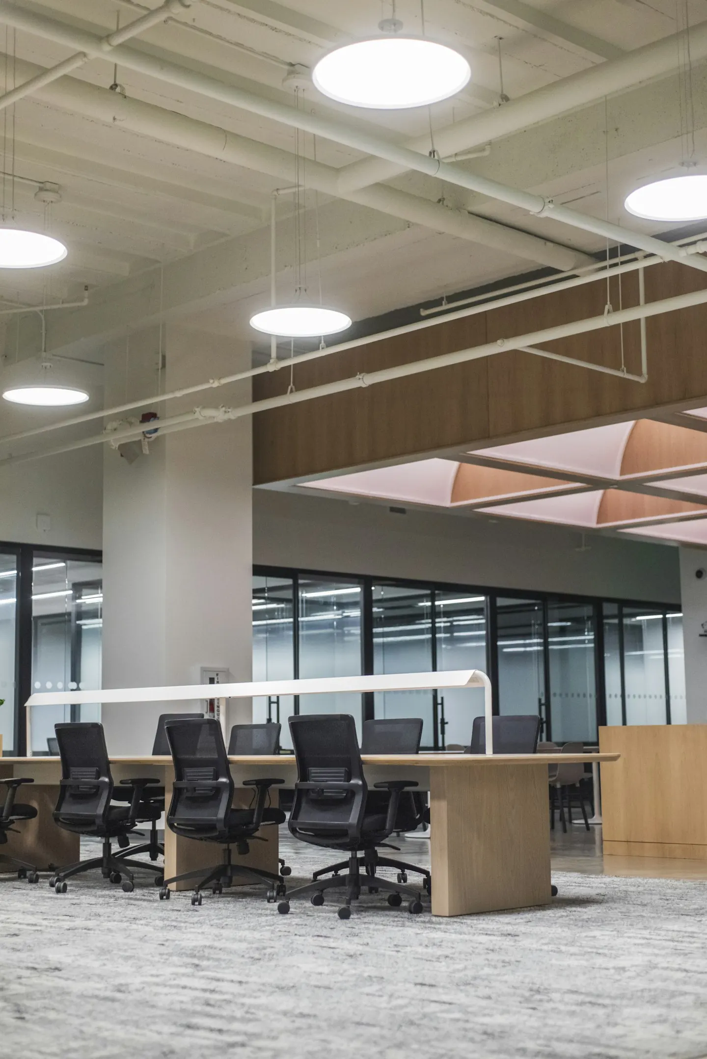 Tables and chairs in a calm workspace