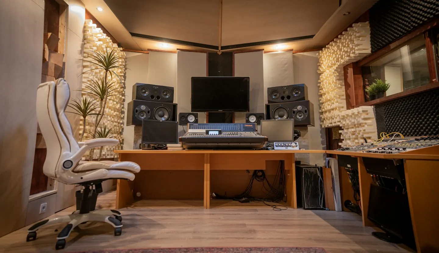 Recording studio with instruments and acoustic panels