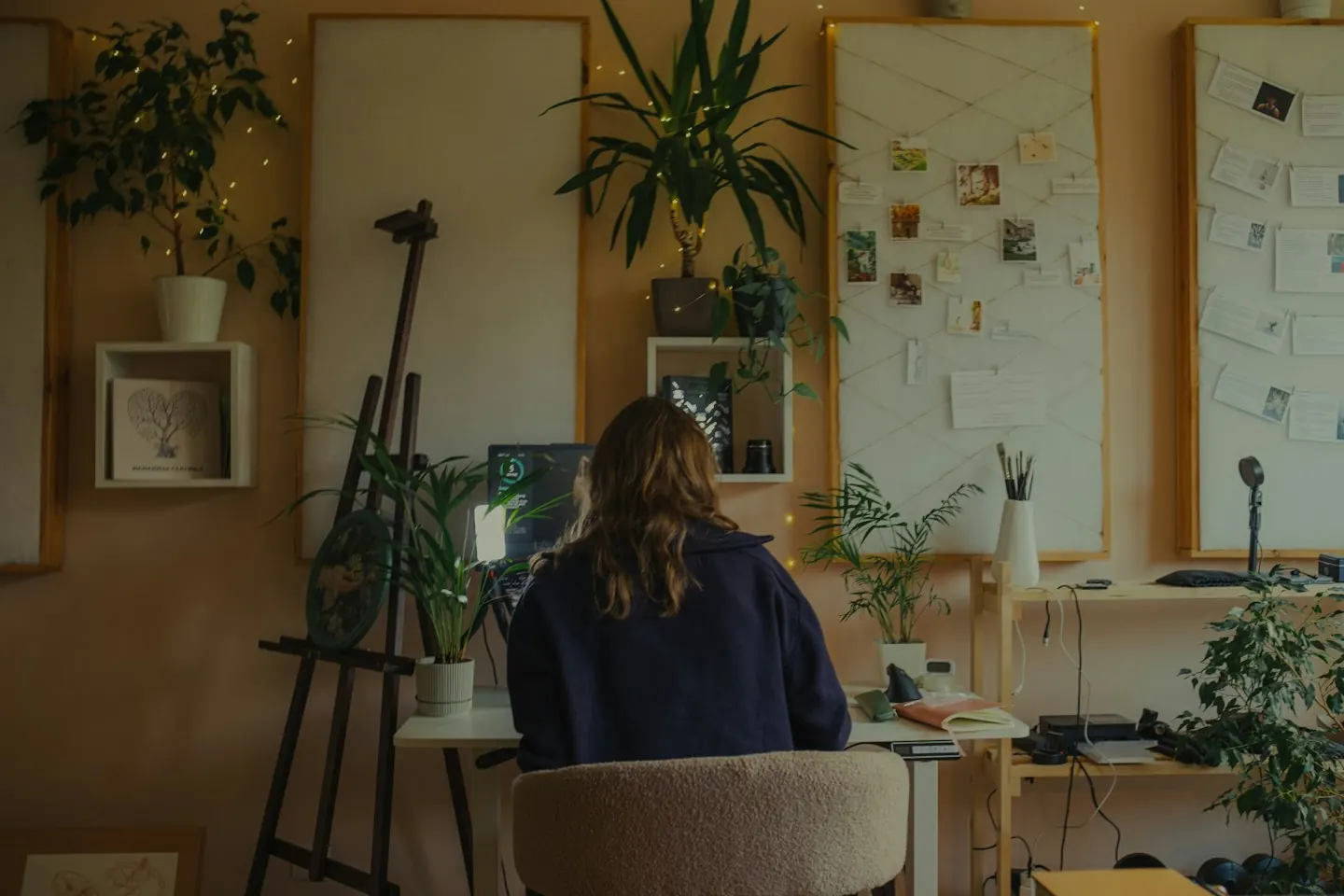 Designer working in a plant-filled studio