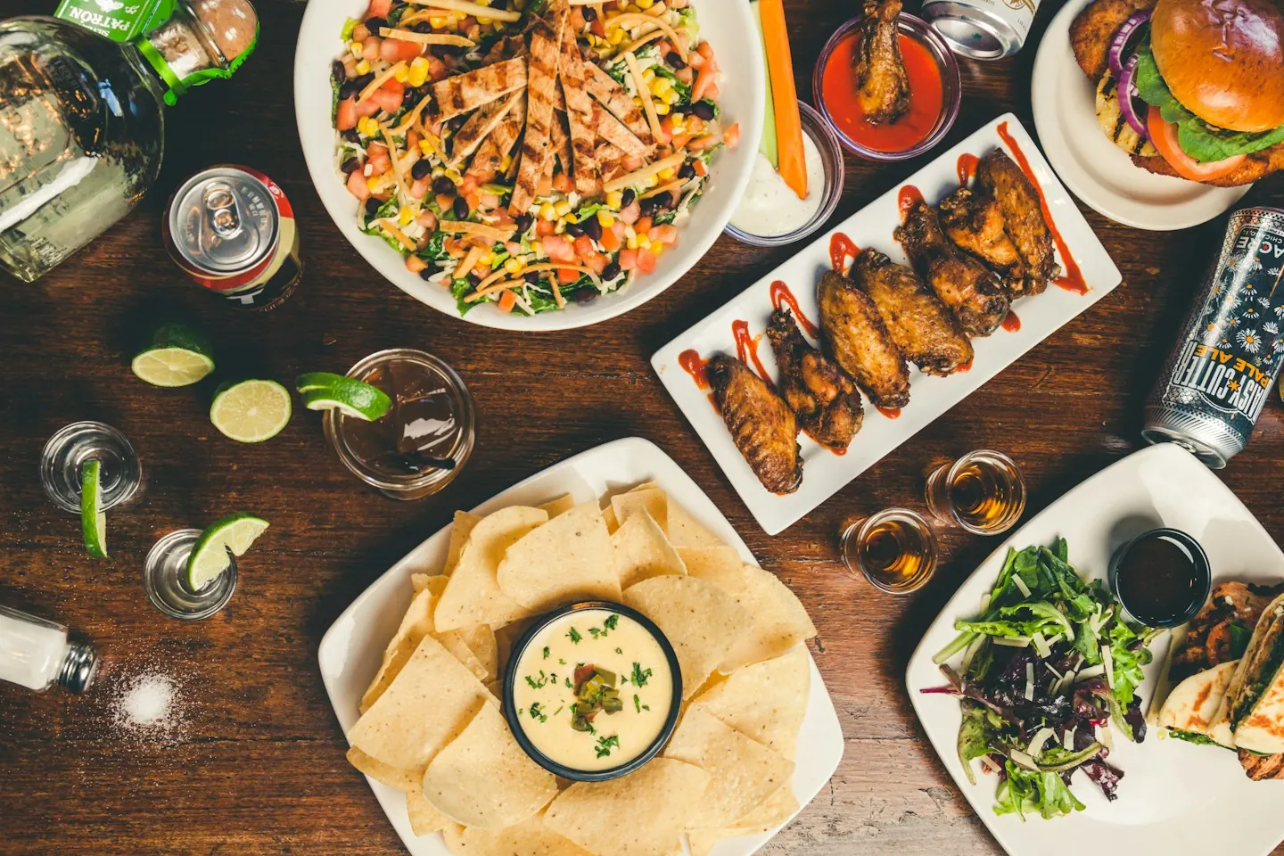 Appetizer spread with wings and chips