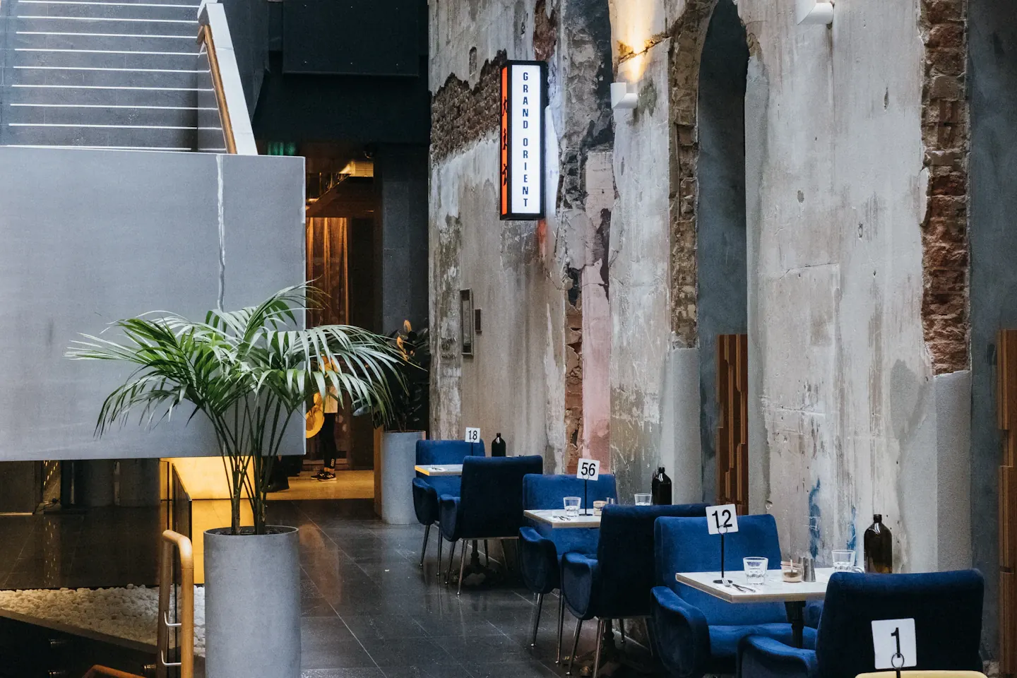 Dining area with blue chairs